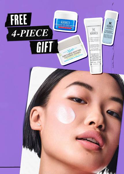 Promotional image featuring a Kiehl's branded pouch filled with skincare products, Calendula Toner 40ml Rare Earth Masque 14ml UV Defence Aqua Gel 3ml Niacinamide serum 1.5ml REPAIRly Corrective Emulsion 15ml Canvas Pouch on a white and blue background.