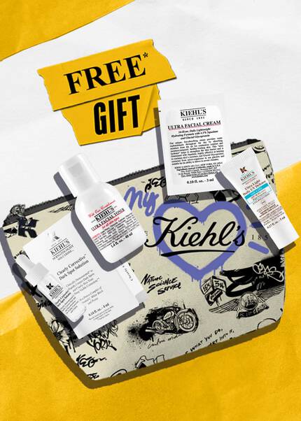 Promotional image featuring a Kiehl's branded pouch filled with skincare products, Ultra Light Daily UV Defense Aqua Gel SPF 50, 5ml, Ultra Facial toner 30ml, Clearly Corrective Dark Spot Correcting Serum, 5ml, Ultra Facial Cream, 3ml on a white and yellow background.