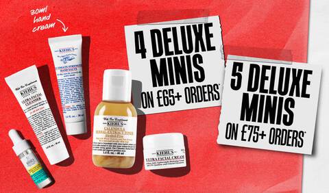 Red and white banner detailing two tiered gift offers: "4 DELUXE MINIS ON £65+ ORDERS" and "5 DELUXE MINIS ON £75+ ORDERS." The image features Kiehl’s miniature products including Ultra Facial Cleanser, Calendula Toner, and hand cream.