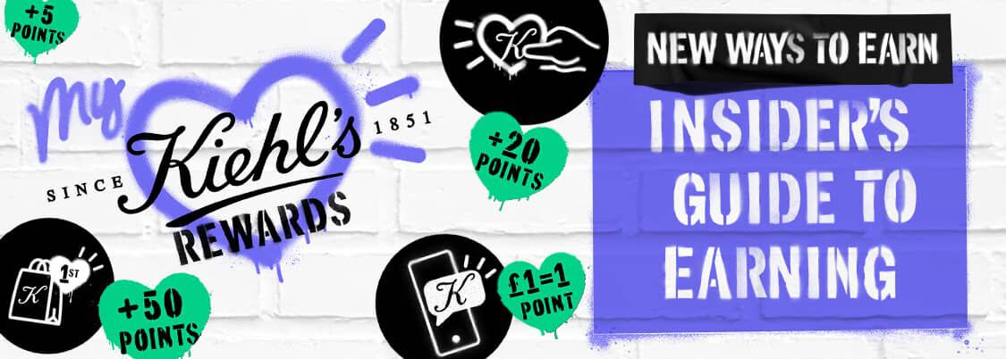 White brick background banner for "My Kiehl’s Rewards" program. Central blue graphic reads "NEW WAYS TO EARN: INSIDER'S GUIDE TO EARNING" surrounded by graffiti-style icons showing points milestones such as "+50 POINTS," "£1 = 1 POINT," and "+20 POINTS."