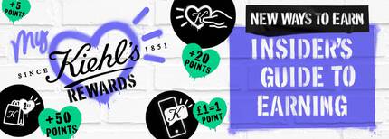 White brick background banner for "My Kiehl’s Rewards" program. Central blue graphic reads "NEW WAYS TO EARN: INSIDER'S GUIDE TO EARNING" surrounded by graffiti-style icons showing points milestones such as "+50 POINTS," "£1 = 1 POINT," and "+20 POINTS."