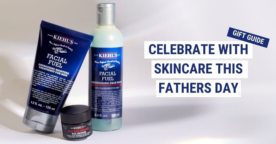 Promotional image featuring skincare products with the text "Celebrate with Skincare this Father's Day" and "Gift Guide."