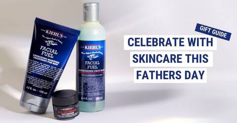 Promotional image featuring skincare products with the text "Celebrate with Skincare this Father's Day" and "Gift Guide."