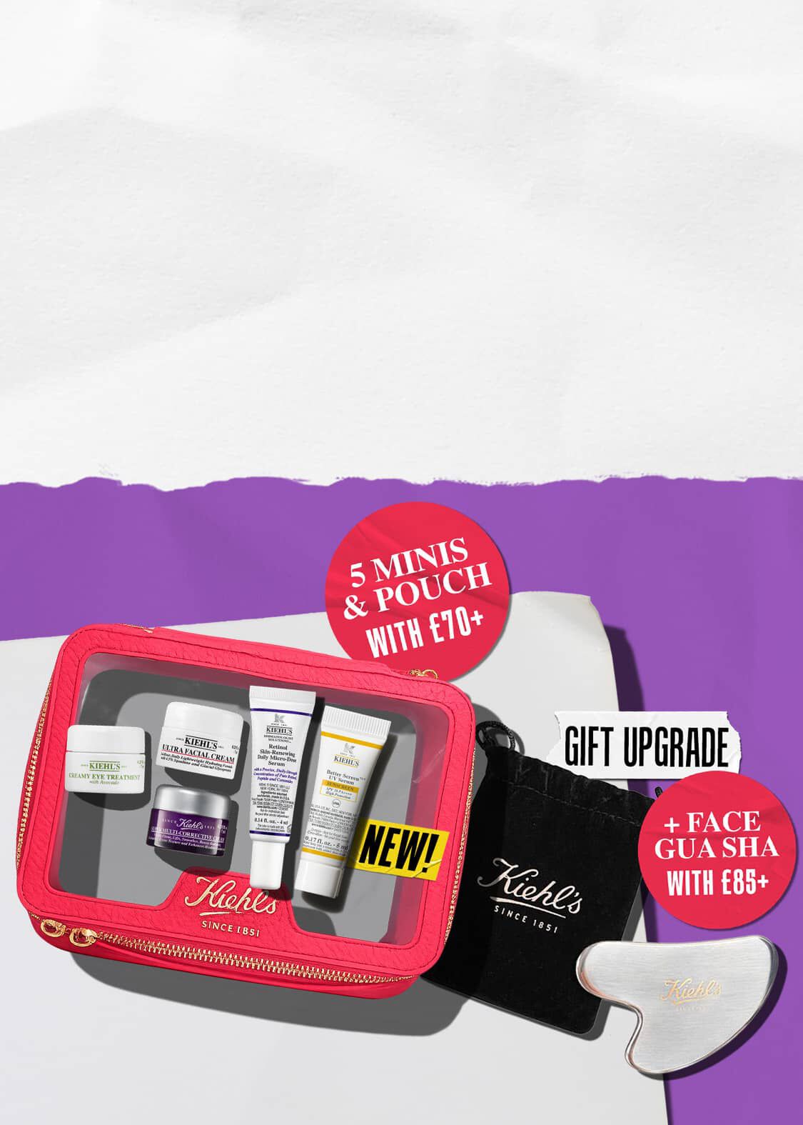 Purple banner featuring two gift offers: "5 MINIS & POUCH WITH £70+" and a "GIFT UPGRADE" including a "FACE GUA SHA WITH £85+". The image displays a red Kiehl's travel pouch with miniature products and a silver gua sha tool.