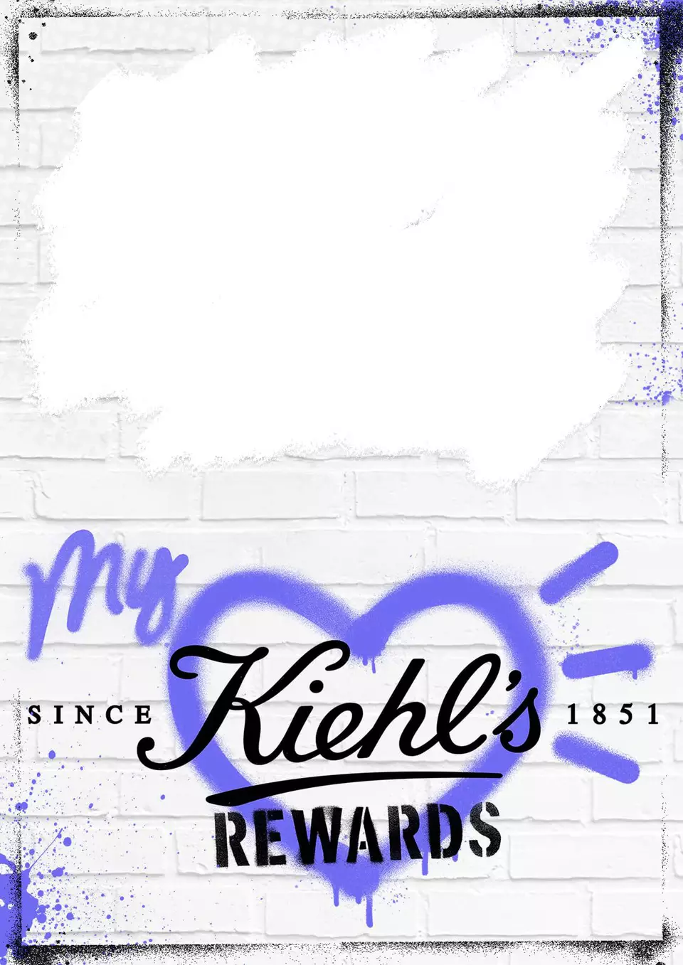 Graphic promoting "My Kiehl's Rewards" program, featuring a heart design and the brand's logo on a textured white brick background.