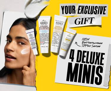 Light blue banner featuring Kiehl’s Ultra Facial Cream, Creamy Eye Treatment with Avocado, and Calendula Skin-Soothing & Stabilizing Emulsion. Includes a brand "K" logo and calendula flowers on a white torn-paper background.