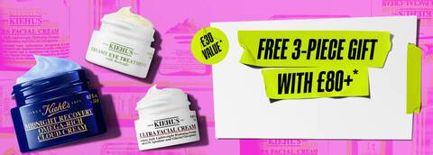 Kiehl’s pink banner featuring Midnight Recovery Cloud Cream, Avocado Eye Cream, and Ultra Facial Cream. Text highlights a "FREE 3-PIECE GIFT WITH £80+" and lists a "£30 VALUE"