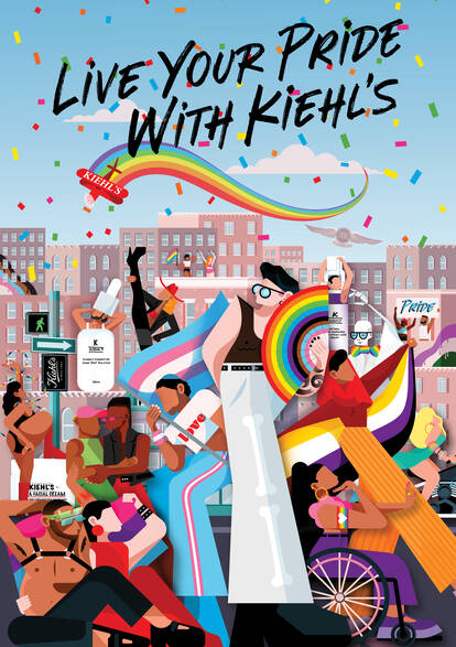 Colorful illustration celebrating LGBTQ+ pride, featuring diverse characters in vibrant outfits and hairstyles, enjoying a festive atmosphere with rainbow motifs and Kiehl's branding. The slogan "Live Your Pride With Kiehl's" is prominently displayed.