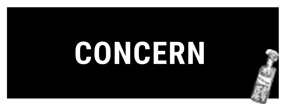 Image featuring the word "CONCERN" in bold white letters on a black background, accompanied by a small illustration of a bottle on the right side.