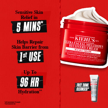 Kiehl's Ultra Facial Meltdown Recovery Cream offers sensitive skin relief in 5 minutes, repairs skin from first use, and provides up to 96 hours hydration.