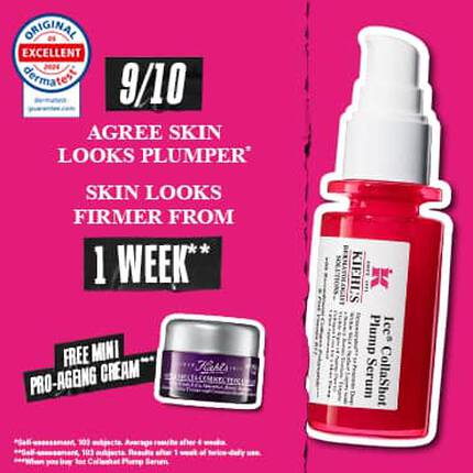 Pink background with a bottle of Kiehl's Collashot Plump Serum and a free mini Super Multi-Corrective Cream. Text claims: "9/10 AGREE SKIN LOOKS PLUMPER*" and "SKIN LOOKS FIRMER FROM 1 WEEK**". Includes a Dermatest Original Excellent seal in the corner.