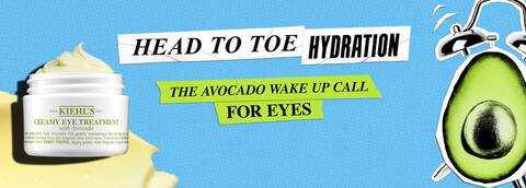 Kiehl's Creamy Eye Treatment with avocado on a bright blue background, featuring an illustration of an avocado half and cream swatches.