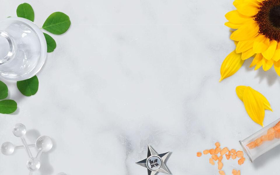 A flat lay of botanical ingredients and items, featuring yellow flowers, green olives, glass containers, and petals on a marble surface.