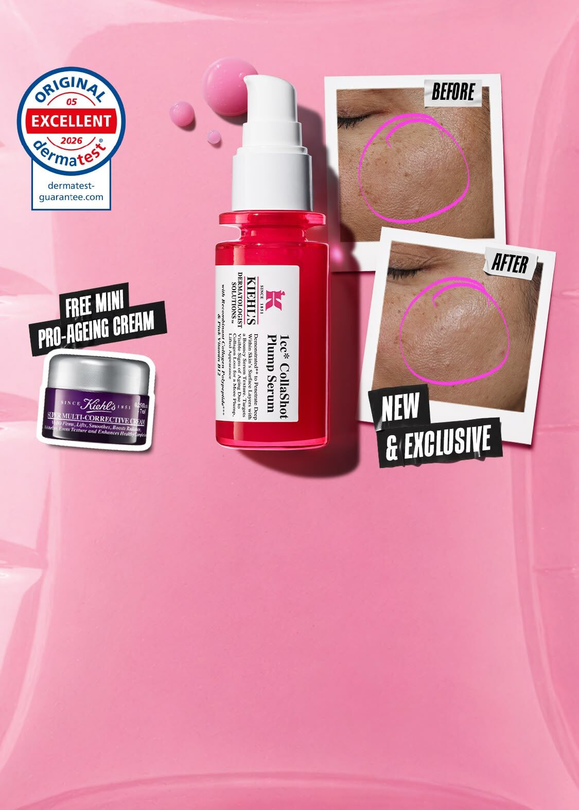 Kiehl's 1cc CollaShot Plump Serum and free mini Super Multi-Corrective Cream shown alongside Before and After photos demonstrating plumping results on the cheek area. Features a Dermatest Excellent rating seal and a "New & Exclusive" badge set against a pink background.​