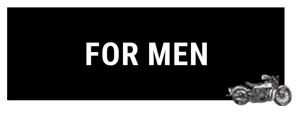 A bold text graphic that reads "FOR MEN" on a black background, accompanied by a small illustration of a motorcycle in the lower right corner.