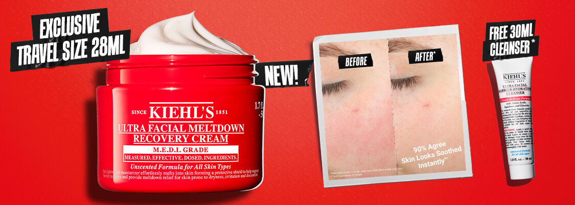 Kiehl's Ultra Facial Meltdown Recovery Cream, 28ml, with "before" and "after" photos highlighting skin soothing effects and a free cleanser.
