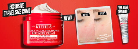 Kiehl's Ultra Facial Meltdown Recovery Cream, 28ml, with "before" and "after" photos highlighting skin soothing effects and a free cleanser.