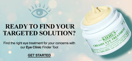 A jar of Kiehl's creamy eye treatment is displayed alongside text inviting users to find their targeted eye treatment solution through the Eye Clinic Finder Tool.