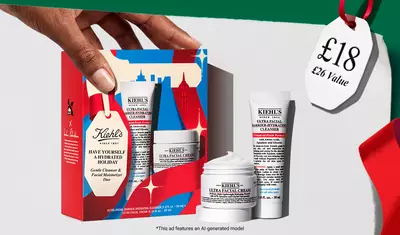 Hydrating Holiday Hits" skincare gift set on a green background, featuring Ultra Facial Cream and Creamy Eye Treatment with Avocado in festive packaging.