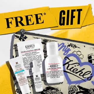 Promotional image featuring a Kiehl's branded pouch filled with skincare products, Ultra Light Daily UV Defense Aqua Gel SPF 50, 5ml, Ultra Facial toner 30ml, Clearly Corrective Dark Spot Correcting Serum, 5ml, Ultra Facial Cream, 3ml on a white and yellow background.