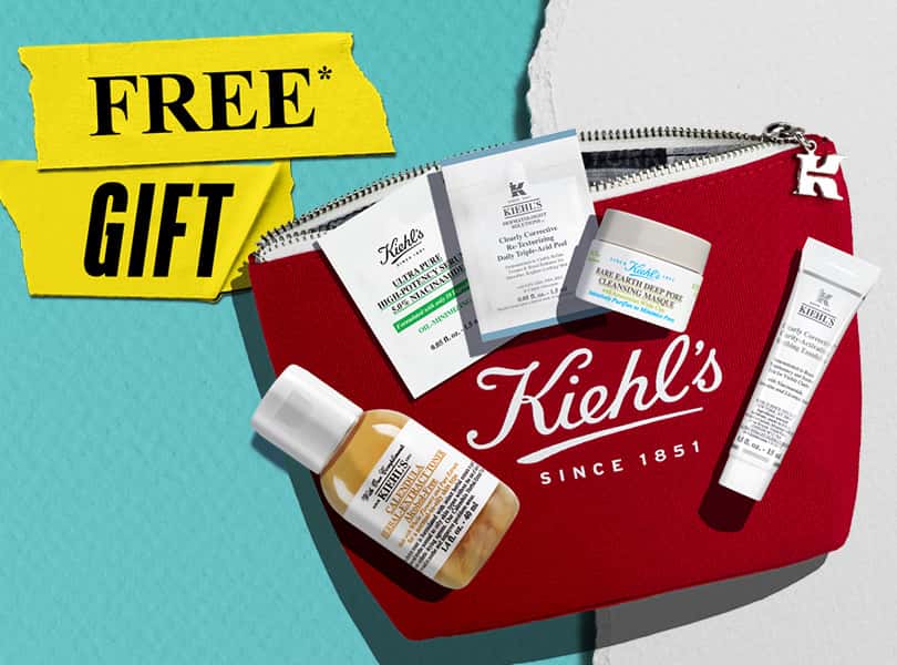 Promotional image featuring a Kiehl's branded pouch filled with skincare products on a white and blue background.