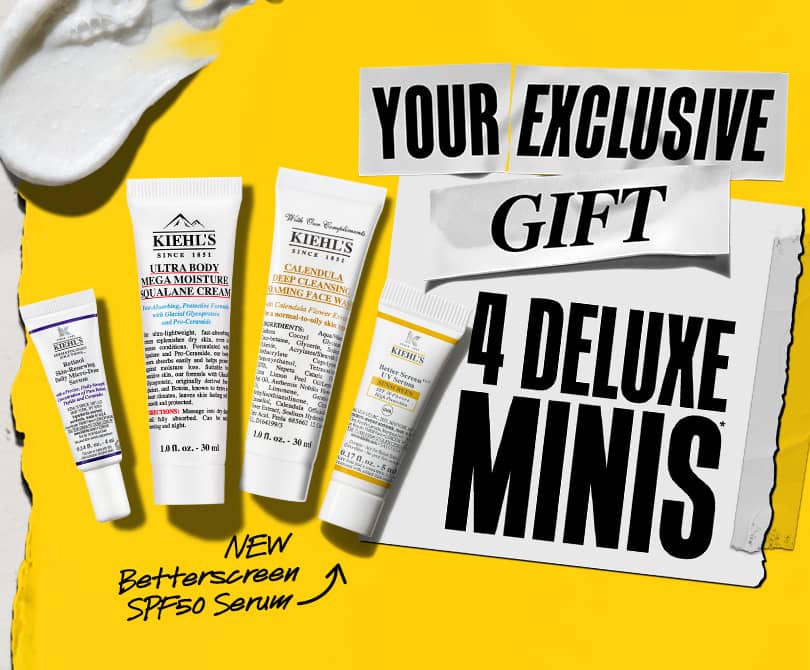 Promotion for Kiehl's: YOUR EXCLUSIVE GIFT of 4 DELUXE MINIS featuring the new Better Screen SPF 50 Serum. Image shows miniatures on a yellow background and a person applying skincare to their cheek.